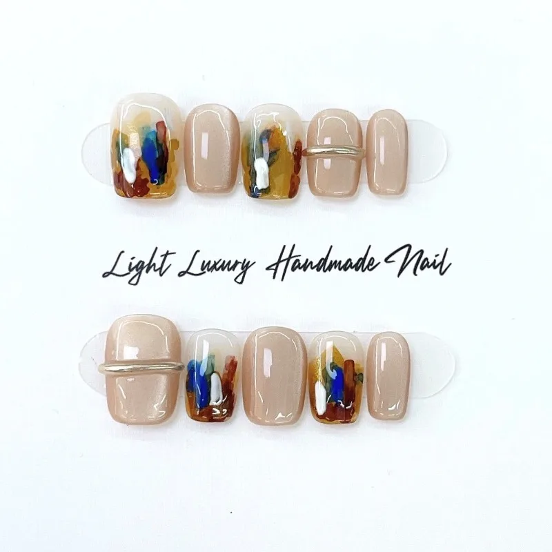 

10pcs Handmade Fake Nails Self-nail Fashion Short False Nails Set Removable Nail Art Oil Painting Style Press on Nails with Glue