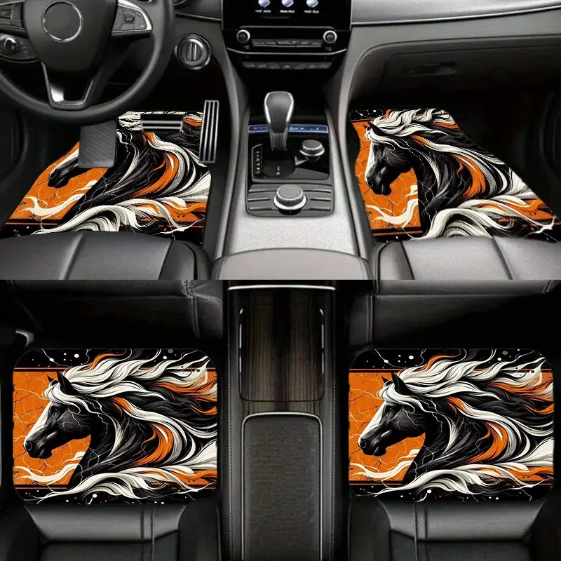 5pcs Stylized Horse Car Floor Mats | Polyester Material, Bold Graphic Style With Black, White, Orange Contrast, Universally Appl