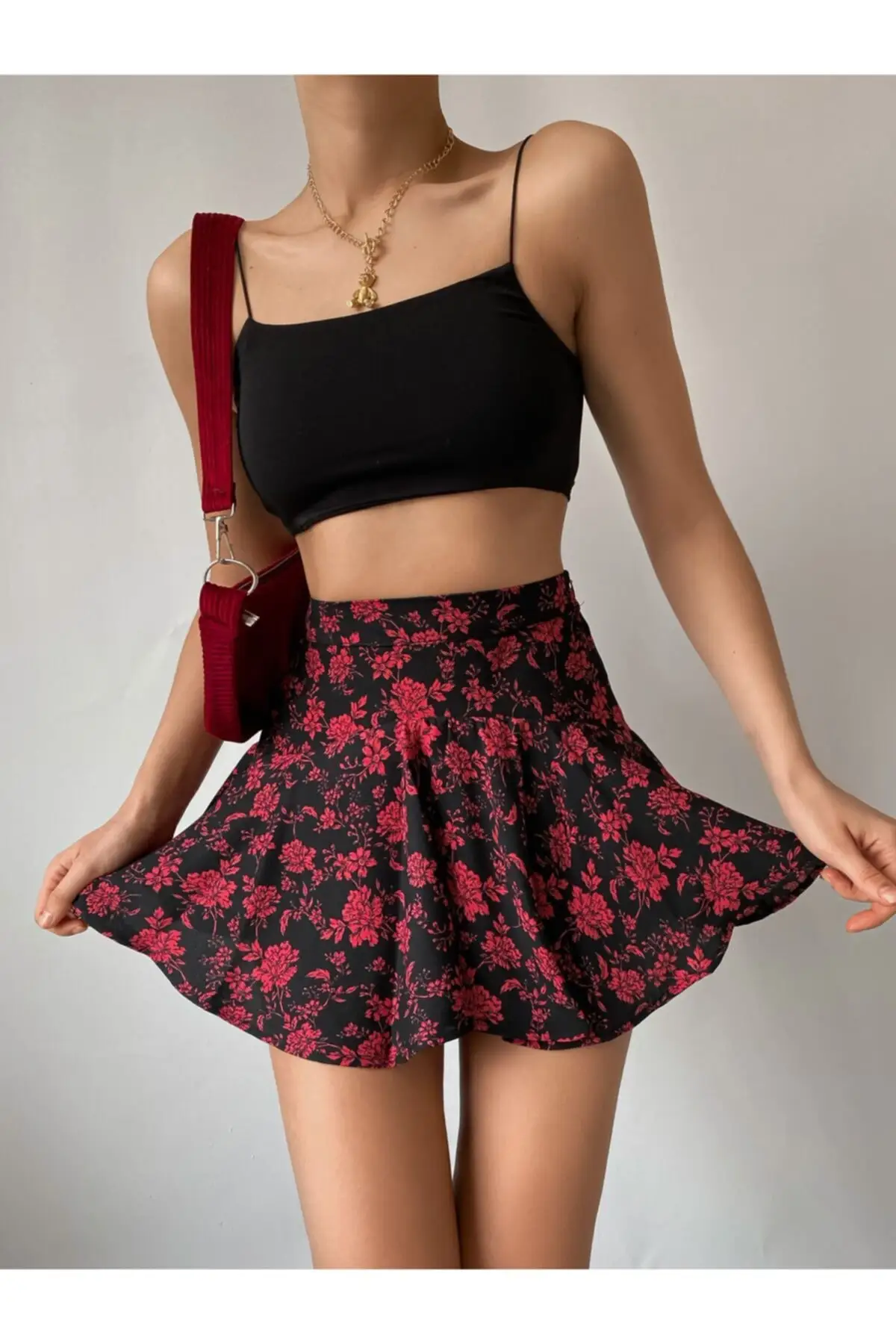 Zwarte Hoge Taille Rose Gedetailleerde Korte Rok Bloemen Zomer Mini Rok
