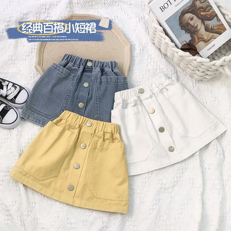 Somenie Small Medium Girls Summer Denim Skirt, Solid Color Korean Loose Fit Casual Skirt, Trendy Stylish Children Daily Outfit