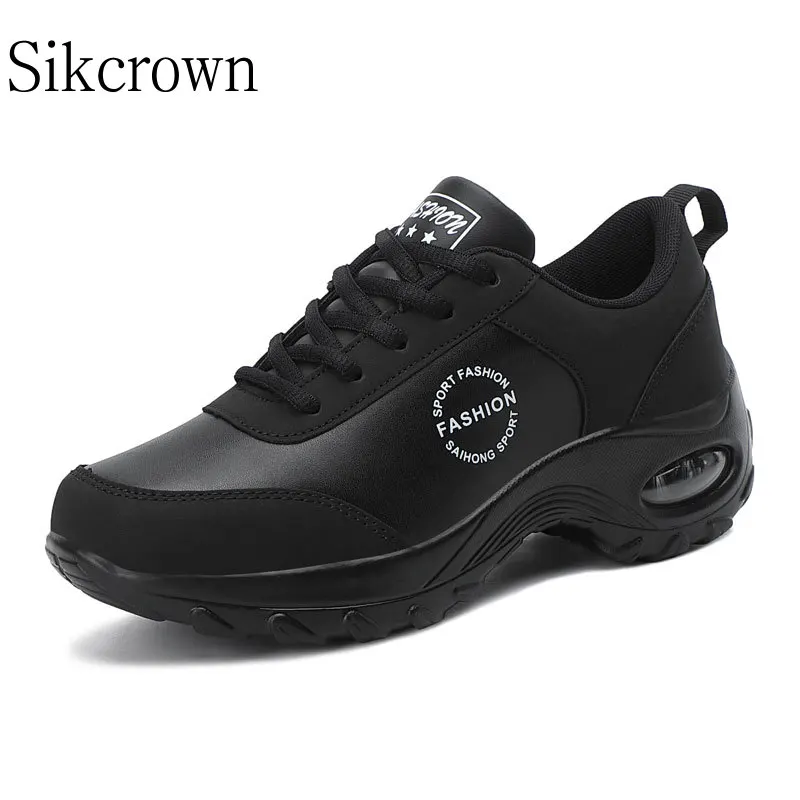 Black Sneakers Sport Woman Platform Thick Sole Leather Soft Air Cushioning Shoes Damping Running Shoes Non Slip Ladies Trainers