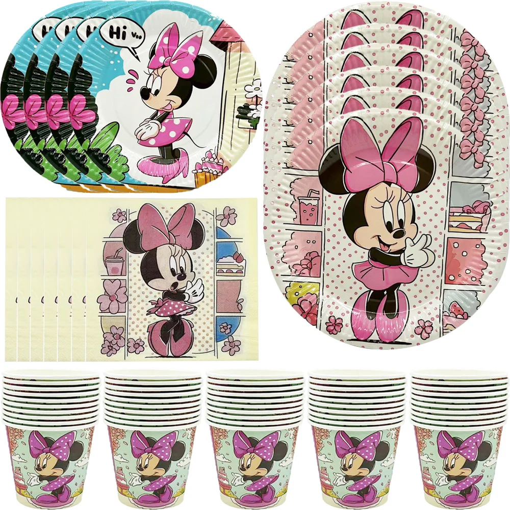 Decoraciones de cumpleaños de Minnie Mouse para niños, vaso de papel, plato, mantel, suministros de fiesta de Baby Shower, juego de regalo de juguete