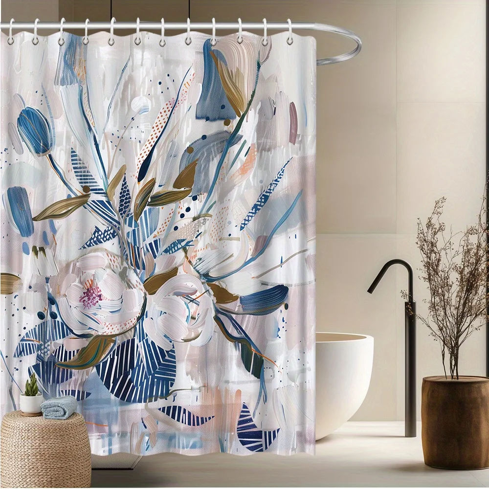 1pc Modern Abstract Floral Shower Curtain - Polyester Fabric with Earthy Tones, Fade-Resistant & Machine Washable