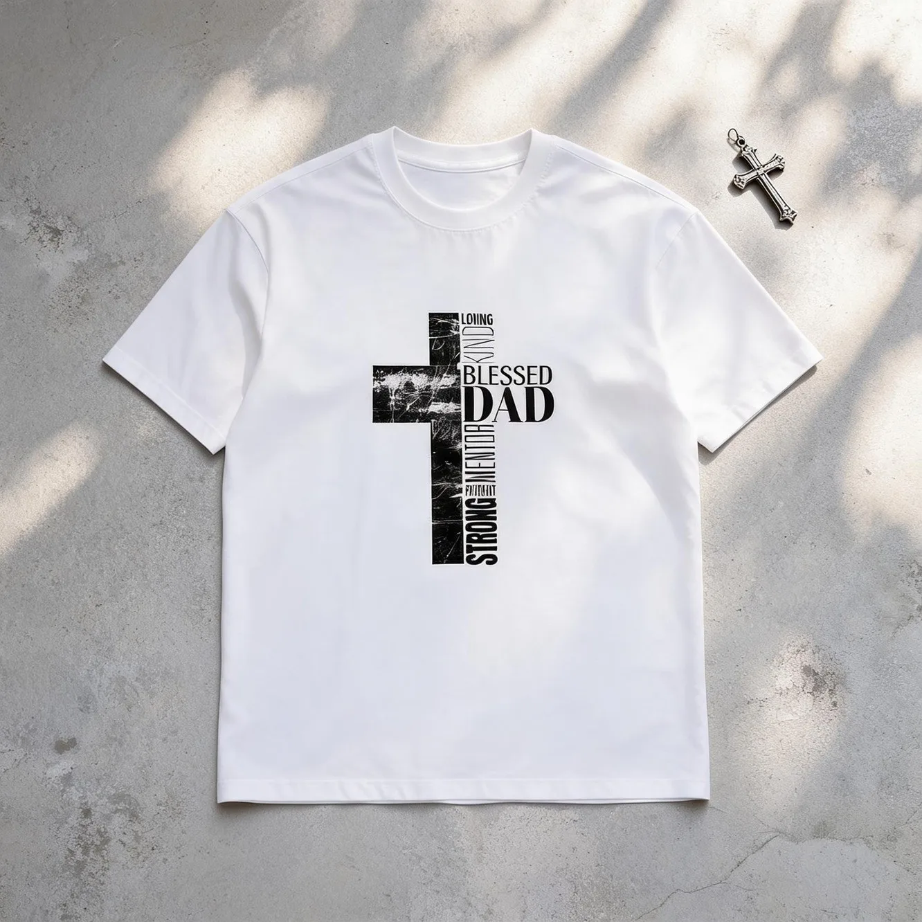 Fathers Day Mens Clothes Cross Blessed Dad Print White TShirt, Unisex Casual Crew Neck Tshirt, Plus Size Men's Clothing 5XL, Lightweight 220gsm Knit Fabric, Machine Washable, For Spring/Summer/Fall Fathers Day/Christmas/Valentines Day