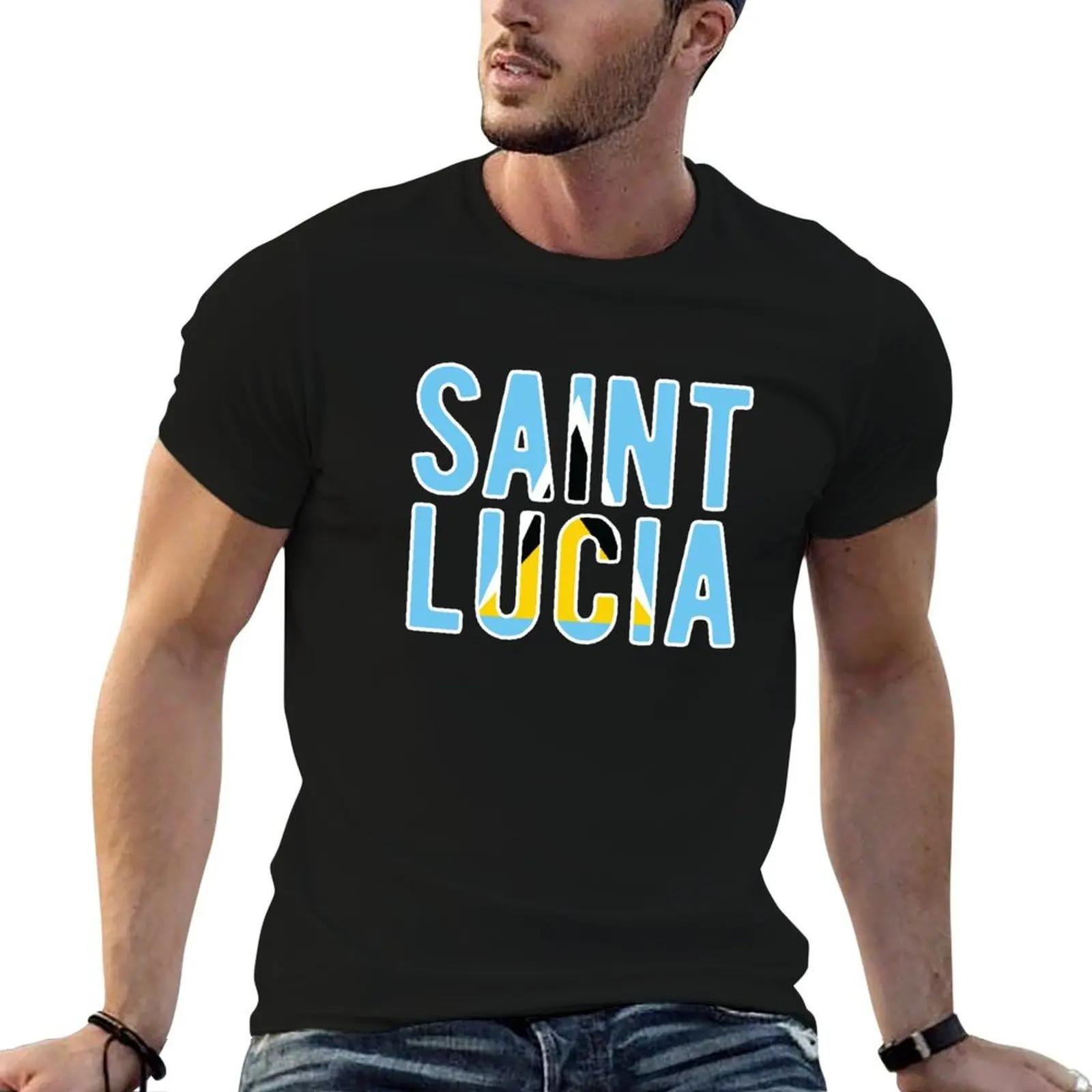 St. Lucia Flag Text T-Shirt Outdoor Work Short Sleeve Top