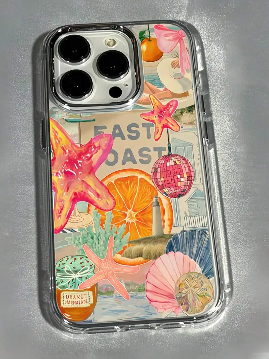 

Ocean Theme IMD Shockproof Transparent Soft Phone Case With Seashell Starfish Orange Design