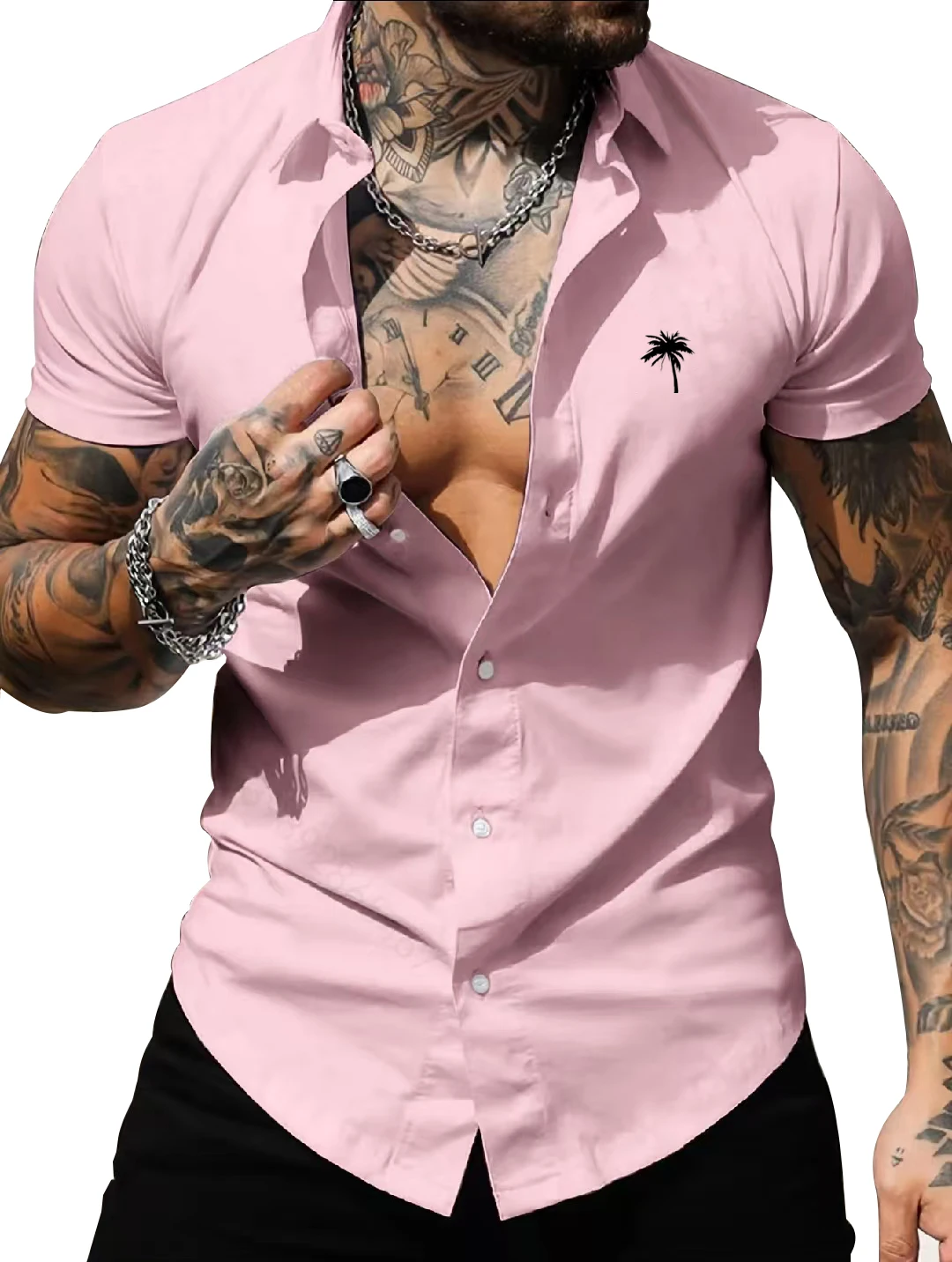 

Vacation casual summer beach shirt simple and versatile fashionable T-shirt short sleeved men's pink coconut tree print shirt