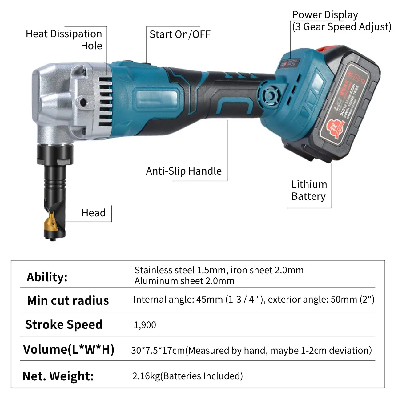 Cordless Lithium Metal Sheet Nibbler Cutter Rechargeable 21V 16 Gauge for Metal Cutter 1900SPM 4000mAh Battery Included