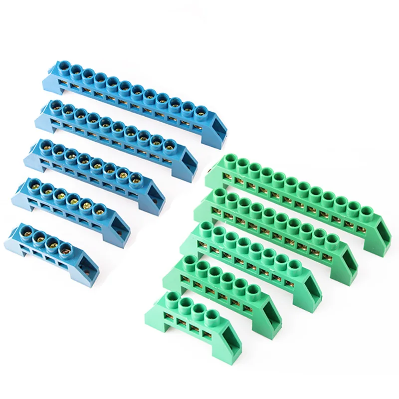 

Blue White Green Bridge Design Zero Line 4-12 Pole Screw Brass Copper Grounding Strip Terminal Block Connector Earth And Neutral