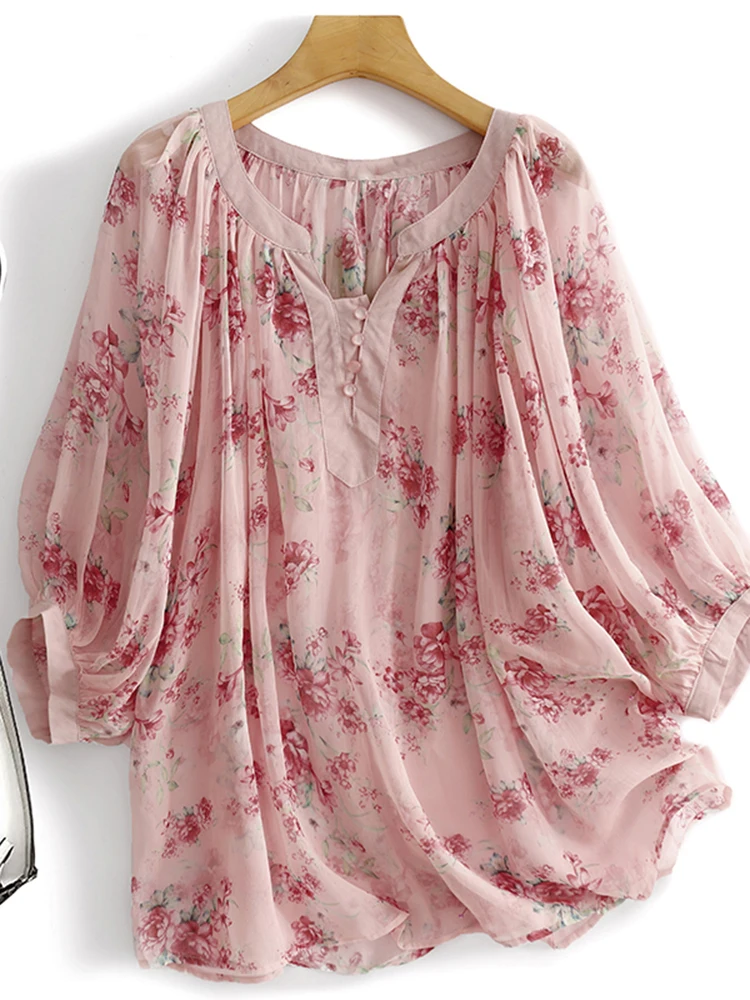 

Loose Fit Floral Print Lantern Sve irt Women's Summer Casual Top Thin V-Ne Mid-Length Sweet Sle plus Size