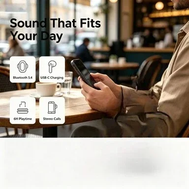 WP438, auricolari wireless, Bluetooth 5.4, ricarica tramite USB-C, 6 ore di autonomia, auricolari stereo per ascoltare musica e effettuare chiamate.