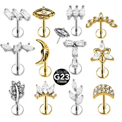 ASTM F136 G23 Titanium Flower Moon Crown Threadless Piercing Crescent Pin Push in Labret Stud Daith Conch Earring 16G 18G 20G