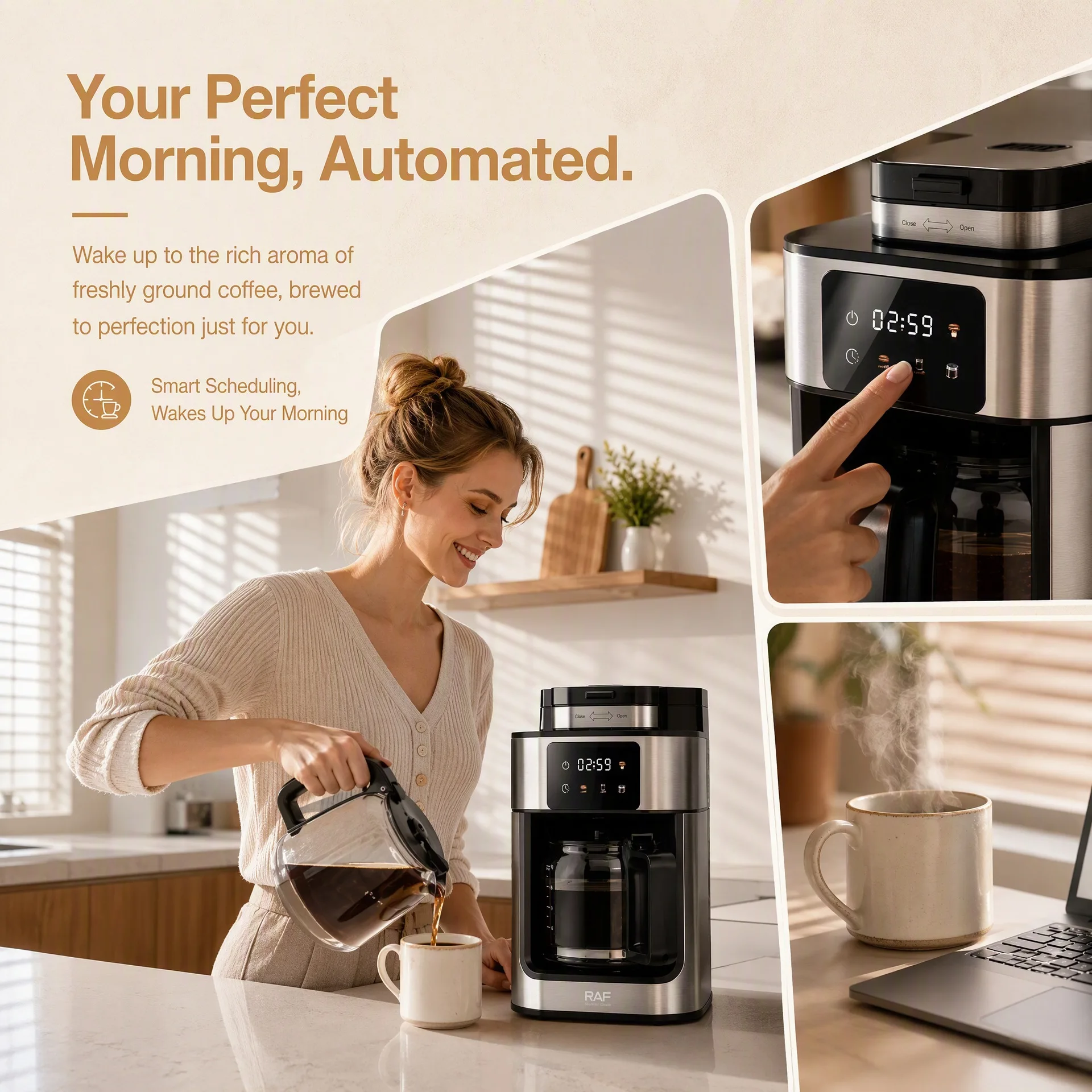 Integrated grinding and brewing coffee machine - American style, with intelligent programming for 1L capacity reservation.