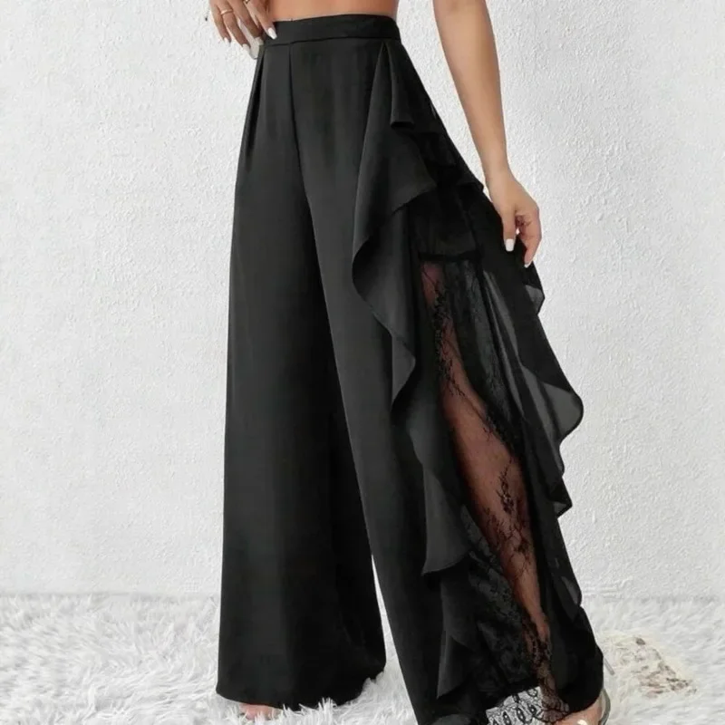 

Wide Leg Pants Women Autumn Spliced Ruffles Lace Sheer Mesh Irregular Black Elegant Pants Office Lady Commuter Tierred Trousers