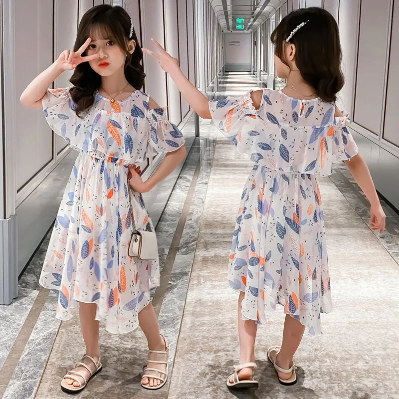 2023 teens Summer baby Girls Dress Clothes mesh leaf Bohemian Floral Off Shoulder chiffon Long Beach 3 4 5 6 7 8 9 10 12 years