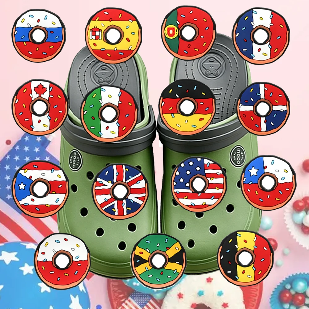 1-15Pcs Cartoon Country Flag Doughnut series PVC Shoe Accessories Sandal Wristbands DIY Shoes Ornaments Buckle party Gifts