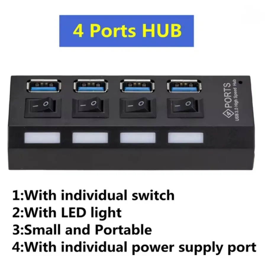 High Speed USB 3.0 HUB Multi Ports USB Hub Computer Splitter with Switch and LED Lamp USB 2.0 Extention Adapter for PC Laptop