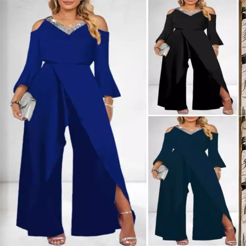 Autumn Women's Sexy Cold Shoulder Jumpsuit Sequin Decorate Flared Sleeve High Slit Wide Leg Party Elegant Romper Spring New