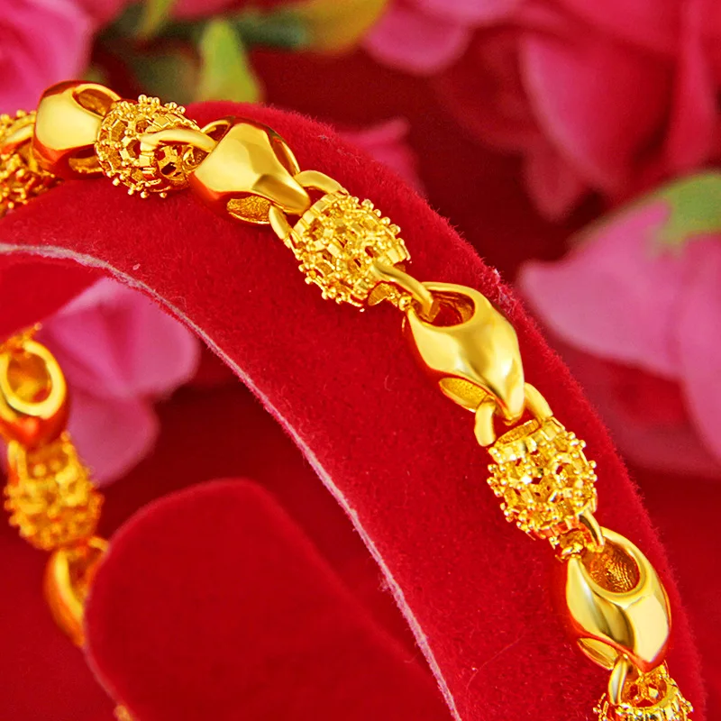 حقيقية 24k الذهب سوار Linglong الكرة المرأة سلسلة 18 سنتيمتر-19 سنتيمتر سلسلة سوار عالية مجوهرات اكسسوارات سوار المرأة مجوهرات