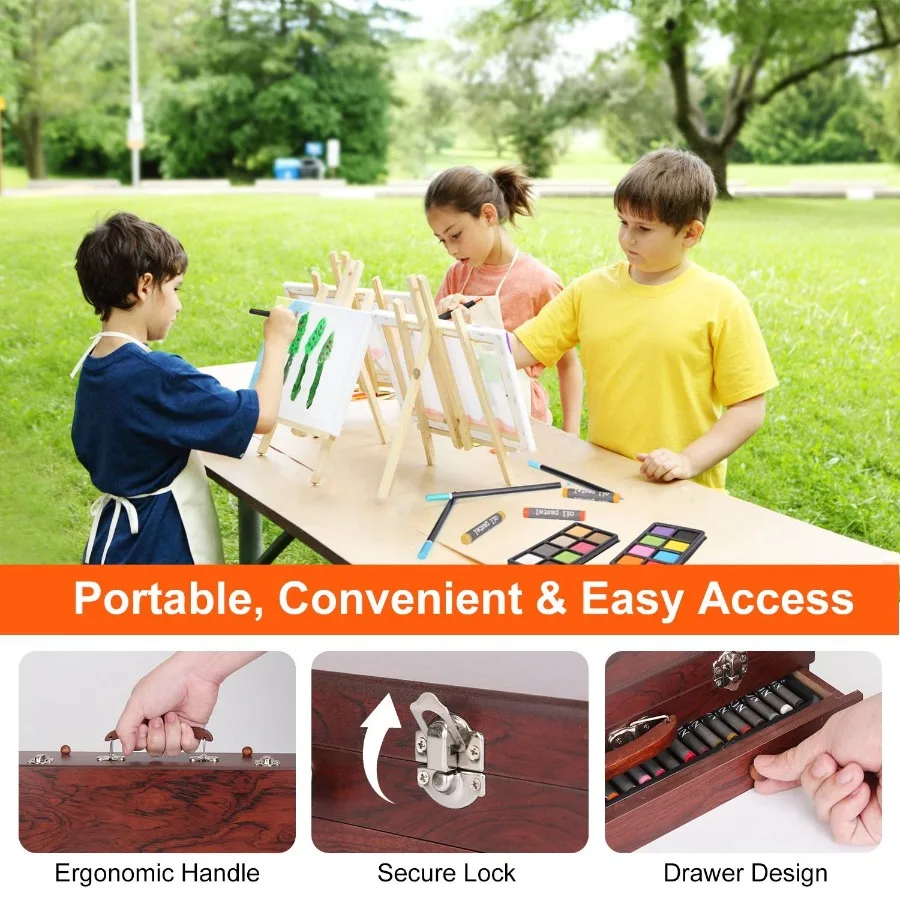 140 Buah Perlengkapan Seni dengan Pensil Warna Pastel Minyak Krayon Cat Air Kue Kuas Rautan Penghapus Dalam Kotak Kayu Elegan Pr