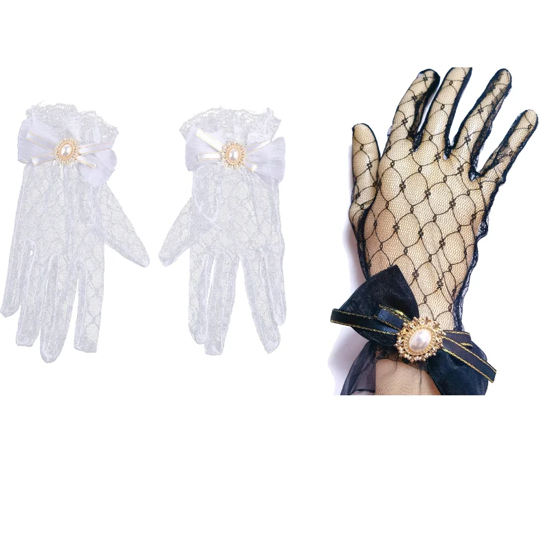 

1Pair Lace Gloves for Women Mesh Ruffle Lace Ornament Bows Pearl Cute Elegant Gloves for Wedding Dinner Cosplay Party Props