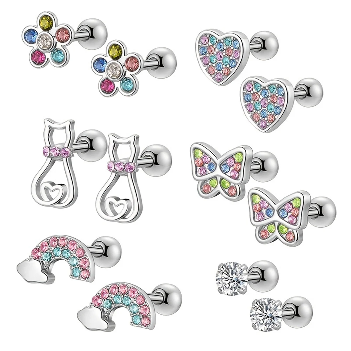 2/12pcs 316L Stainless Steel Cubic Zirconia Screw Back Stud Earrings,Butterfly Heart Rainbow Cat Flower Cartilage Earrings