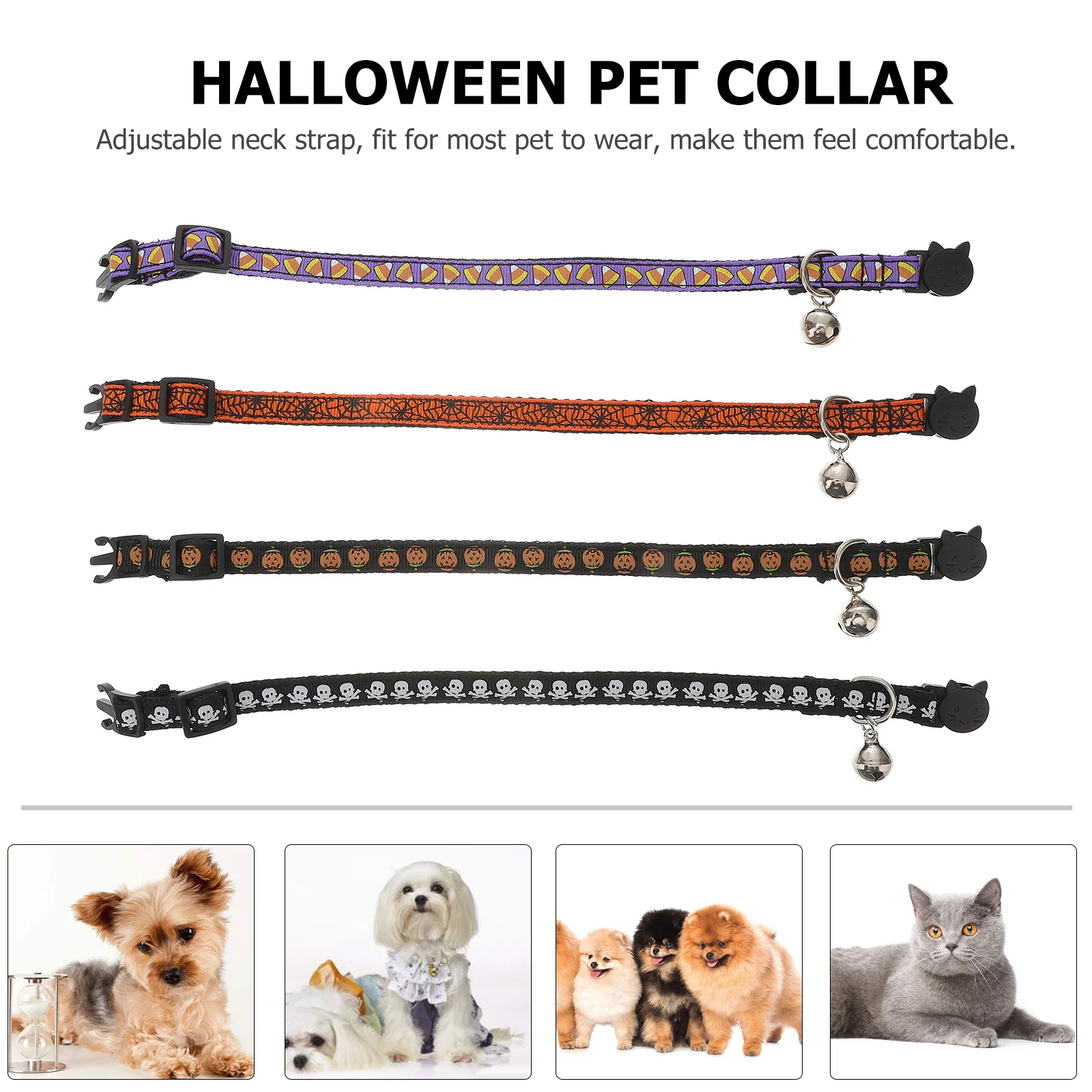 

4Pcs Pet Collar Halloween Cat Puppy Skull Pumpkin Bell Adjustable Elastic Neck Chain Deep Sound Pet Tie for Holiday