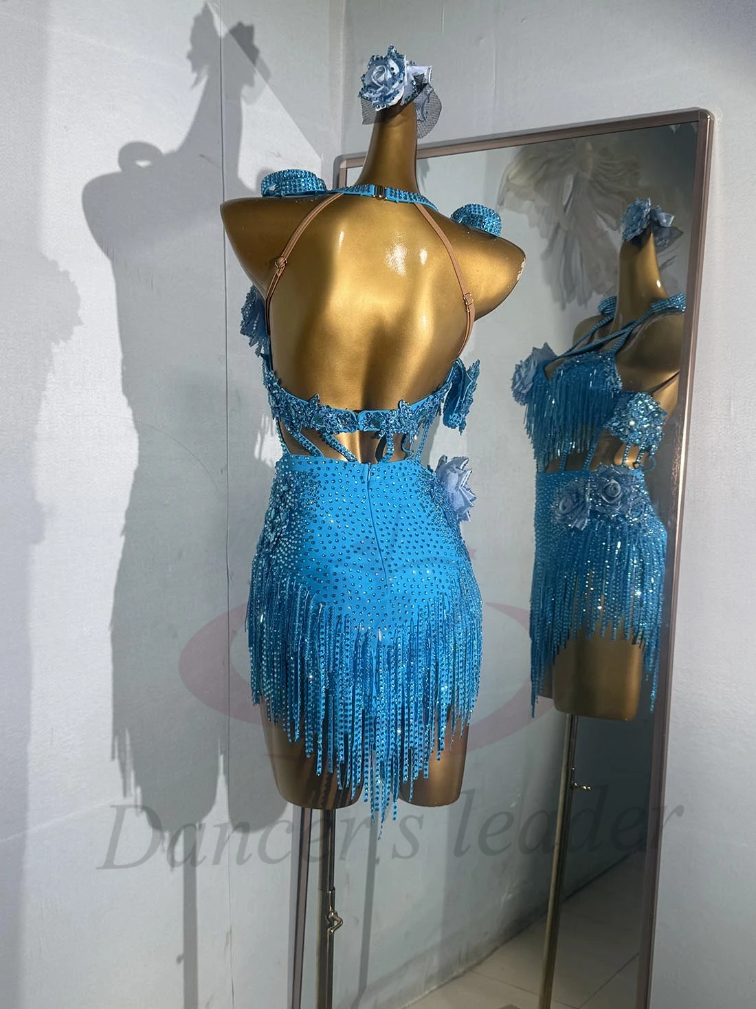 Latin Dancer, Adult, And Children'S High-End Custom Blue Handmade Flower Cha Cha Tango Rhinestone Performance Dress
