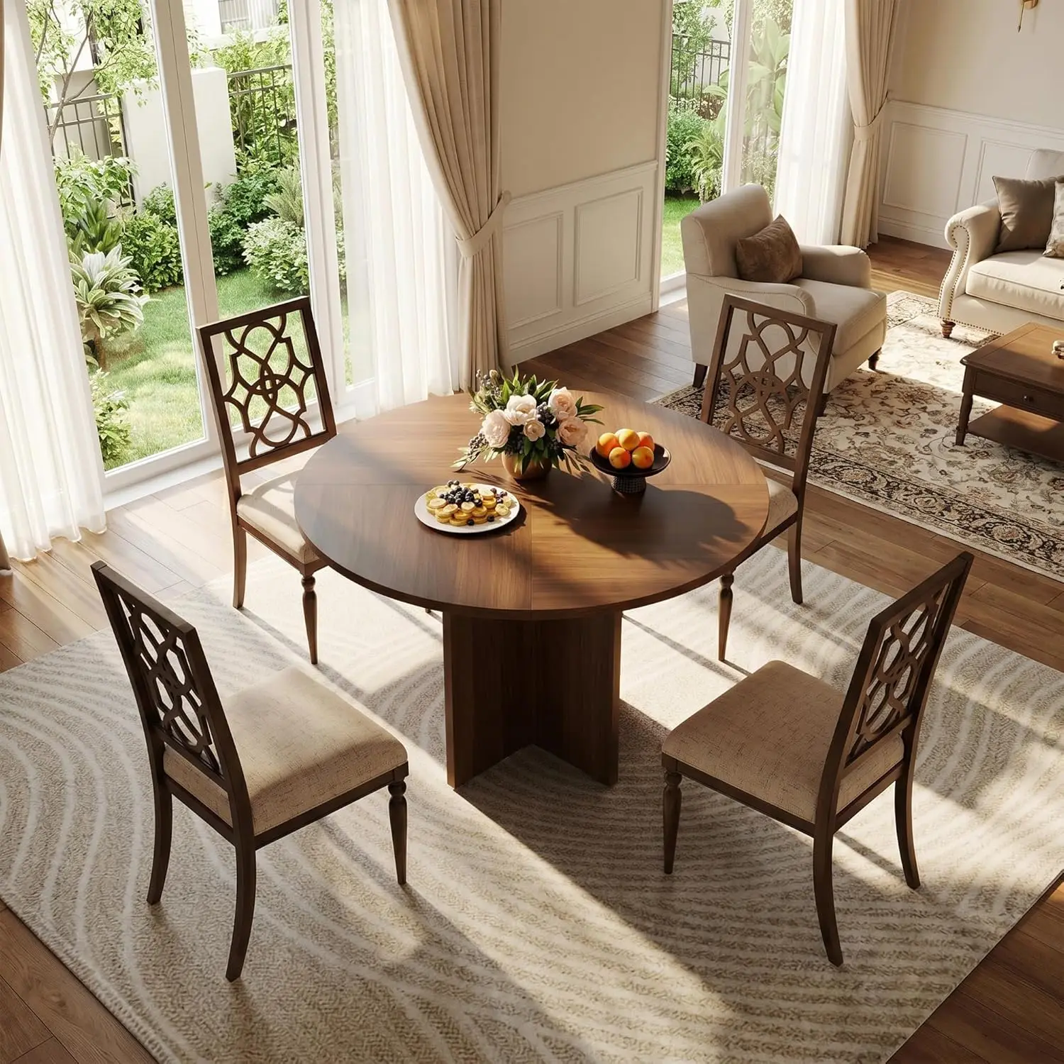 New Modern Wooden Round Dining Table 4-6 Home Dining Room Table With Wooden Pedestal Base People Kitchen Home Furniture Waterproof Spacious Tabletop Circle Kitchen Tables For Dining Room Kitchen Living Room