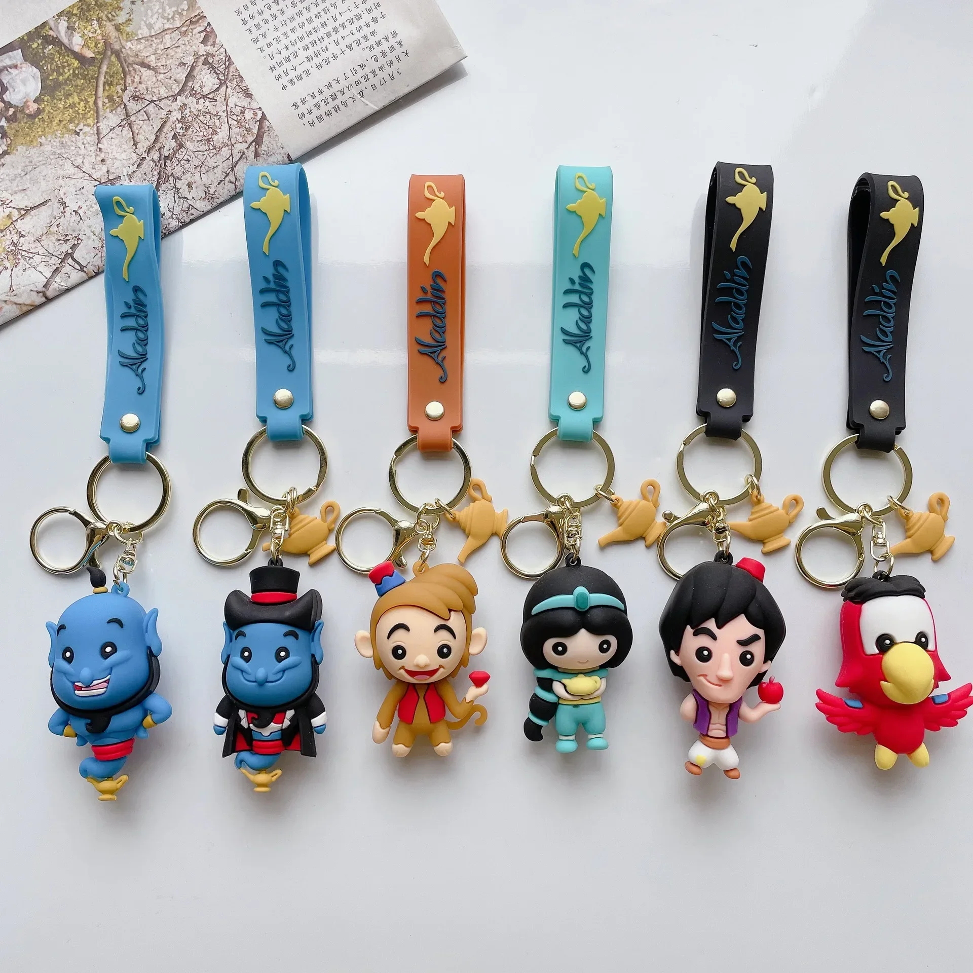 Disney Cartoon Movie Aladdin Figure Pendant Keychain Lovely Jasmine Princess Genie Keyring for Women Men Kids Fans Accessories