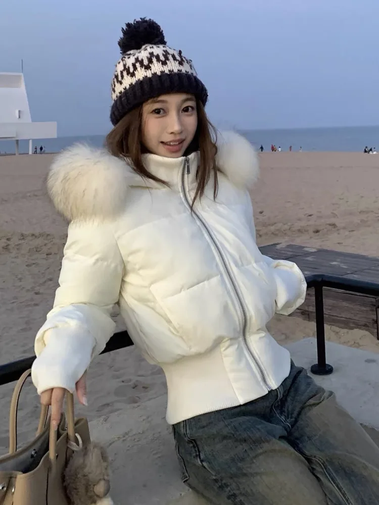 

Fashion Women's Cotton Jacketes Fur Collar Zipper Slim Waist Pocket Warm Thicken Coat Autumn Winter Hooded Jacket Lady Outwears