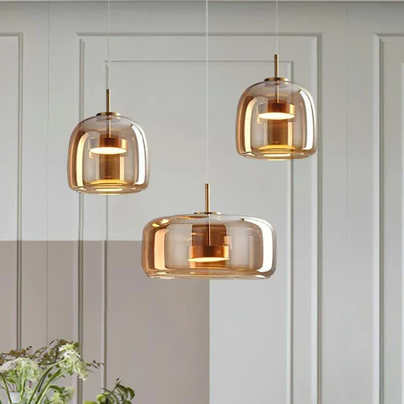 Nordic LED Glass Pendant Lights Smoke Gray Amber Dining Room Hanging Lamps Bedroom Bedside Bar Study Home Decoration Led Fixture