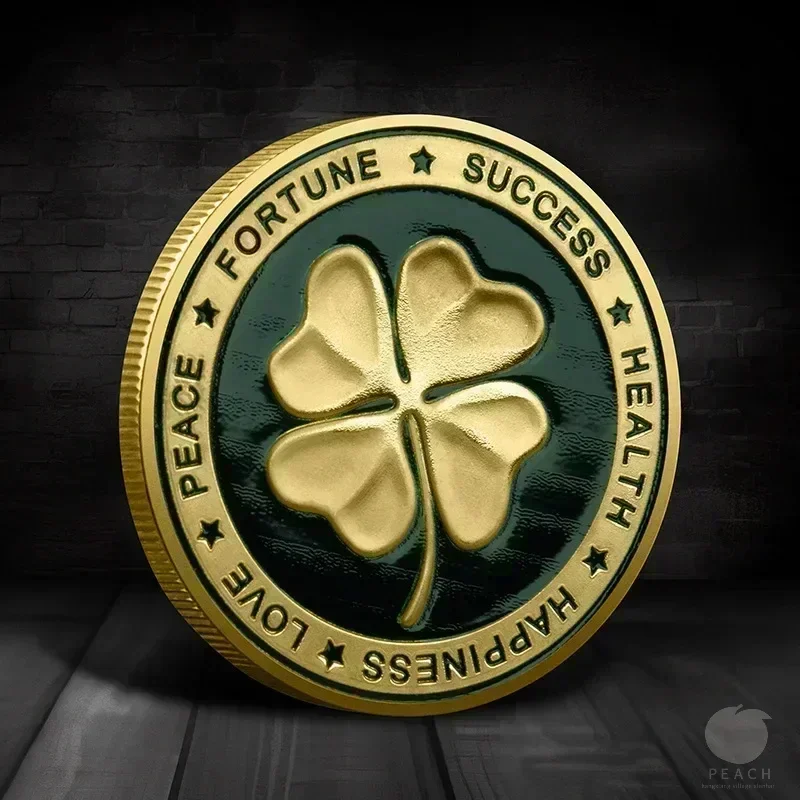 قطعة واحدة، عملة محظوظة مزدوجة الجوانب - مجموعة أربع أوراق وفيل - عملة تذكارية للسعادة والنجاح والصحة والسلام و