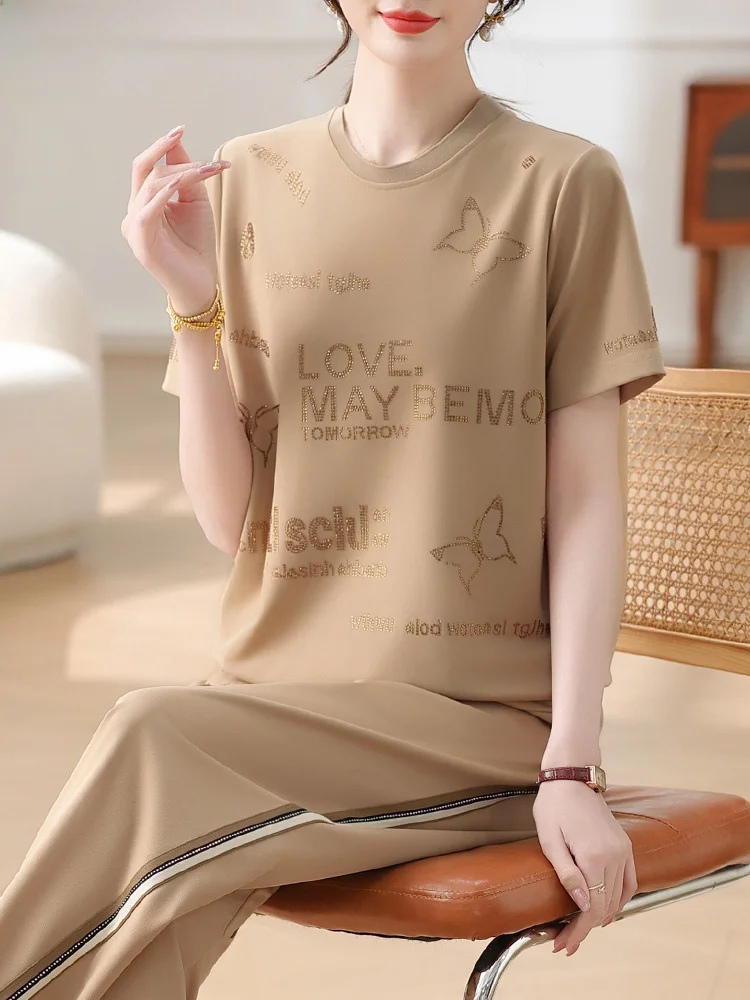 

Loose Casual Sportswear Set for Mom Summer New Sle ort Sve T-irt Women Middle-Aged And ly Loose Top Fem