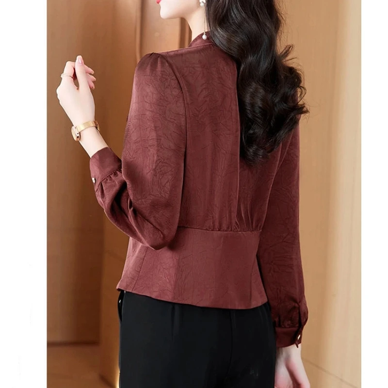 한국식 심플리시티 리본 레이싱 슬림 긴팔 블라우스 올매치 우아한 셔츠 탑 봄 가을 신상 패션 오피스 여성 의류