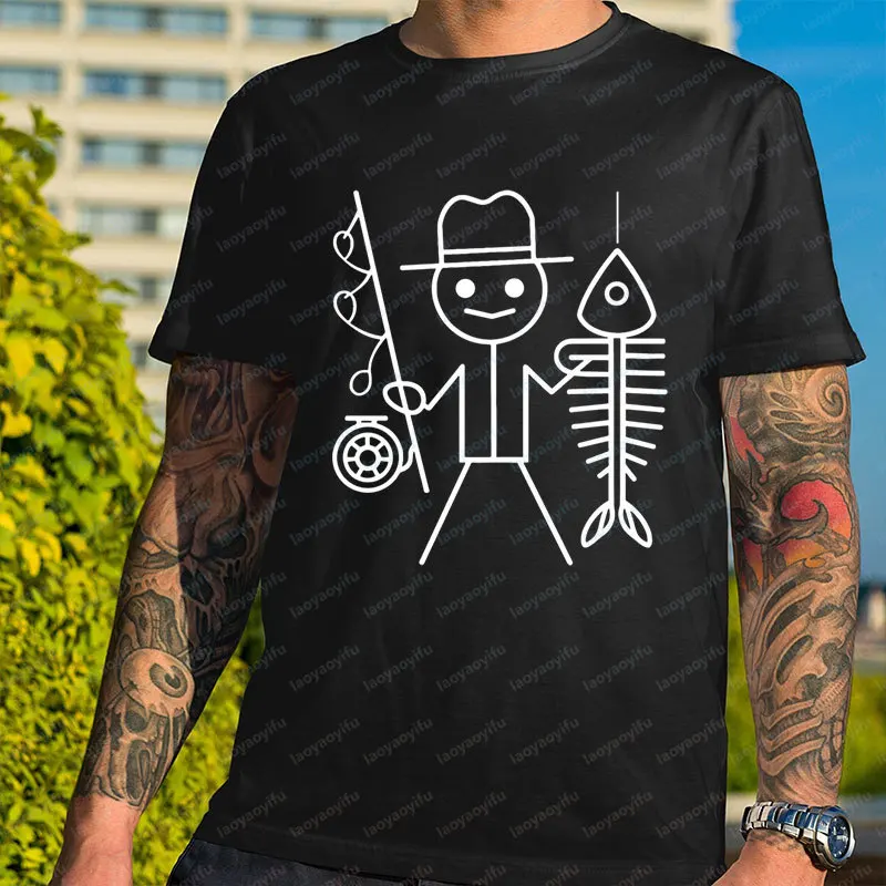 

Humor Fun Fisherman with Fish Bone Tees Fishing Lovers Line Drawing Men T-Shirt Simple Style Graphic T Shirts Cotton Unisex Top