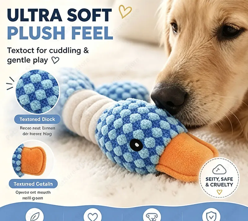 Upgraded blue goose plush dog toy with internal squeaker and crinkle paper layers for aggressive teething puppies.