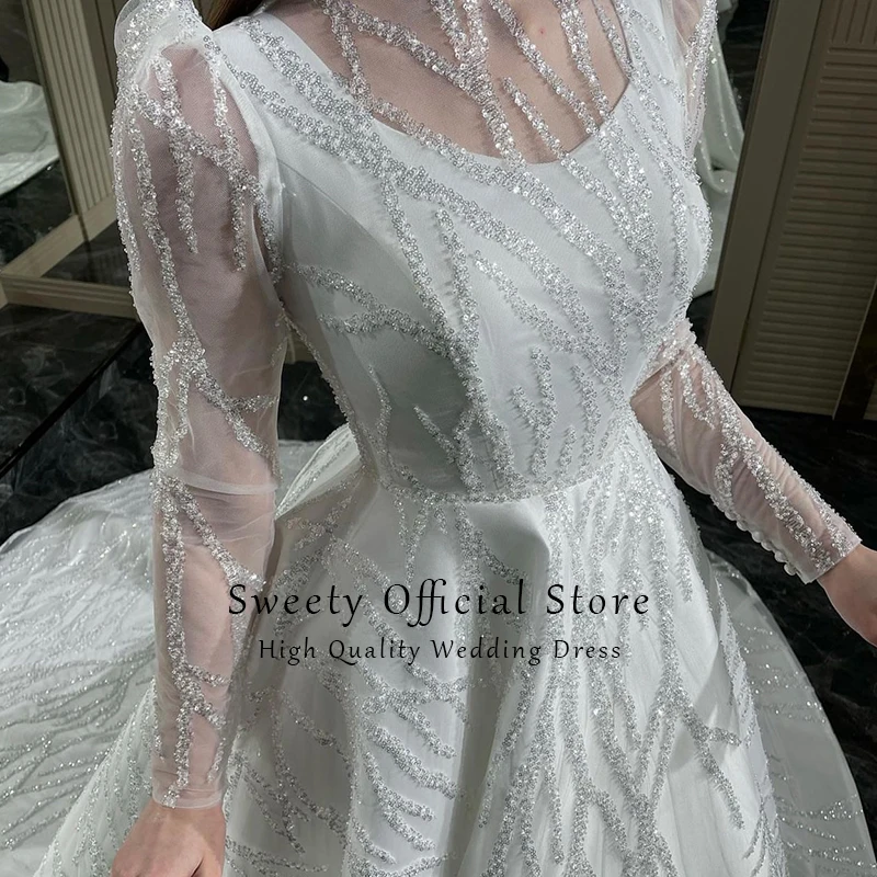 Luxo Wedding Dress Gaze Lace Com Bead A Line Ball Gown High-Neck Full Sleeve Bride Dress Botão Vestido De Novia Personalizado