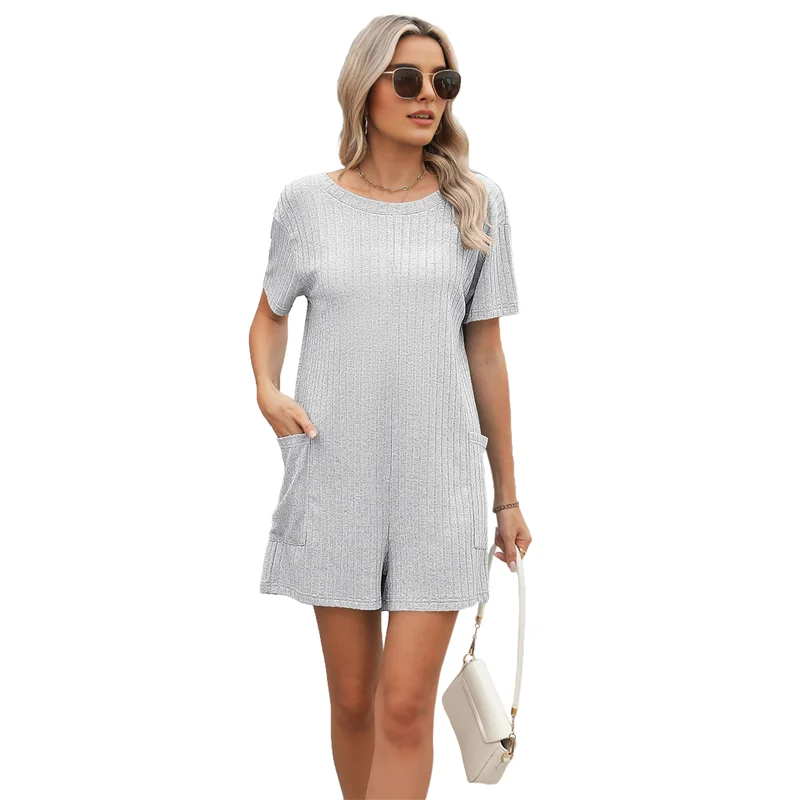 A09P femmes été à manches courtes barboteuse ample décontracté col en V Shorts salopette dames habillées confortables combinaisons avec poches