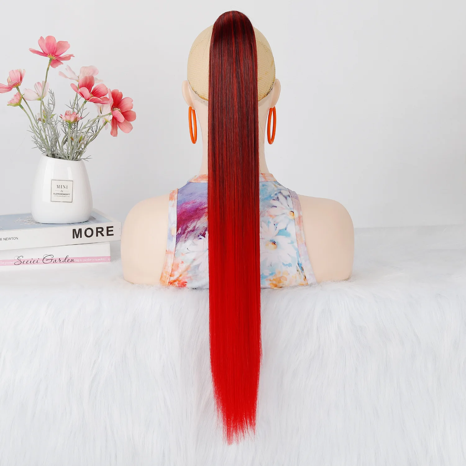 Synthetic Claw Clip Ponytail Silver Gray Ombre Long Straight Hair Extension Gradient Cosplay Wig for Women Party Daily Use