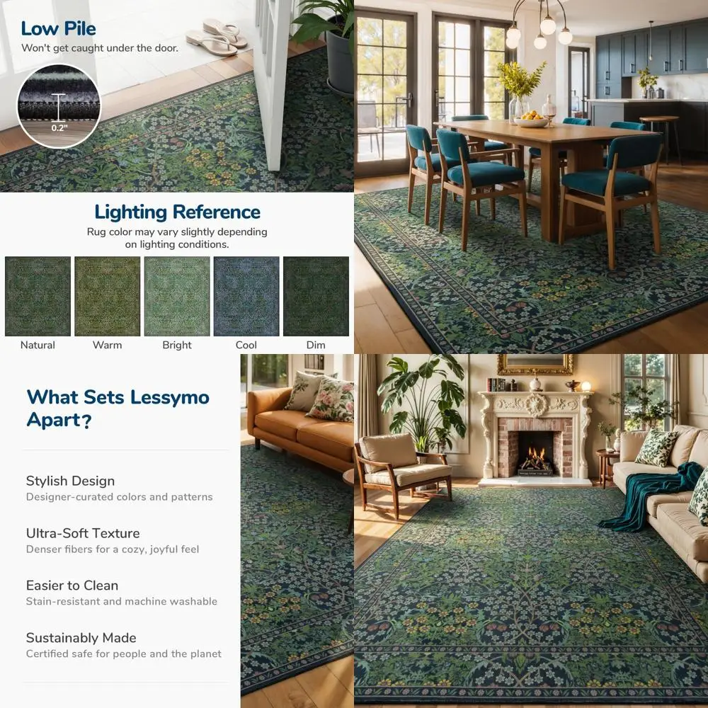 

9x12 Washable Bohemian Rug, Non-Slip Living Room Carpet, Large Vintage Distressed Green Area Rug for Home Office