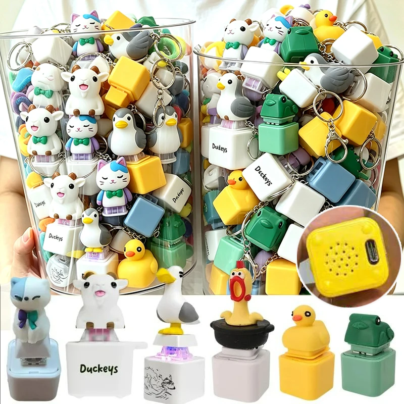 Funny Creative Cat Frog Duck Seagull Sheep Keyring Anti-Stress LED-Glowing Fidget Button Animal Rechargeable Sounding Keyring