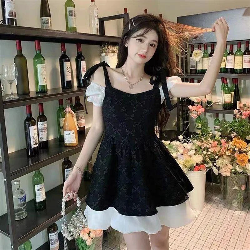 Kawaii Pleated Puff Sleeve Lolita Mini Dress Women Party Black Dresses