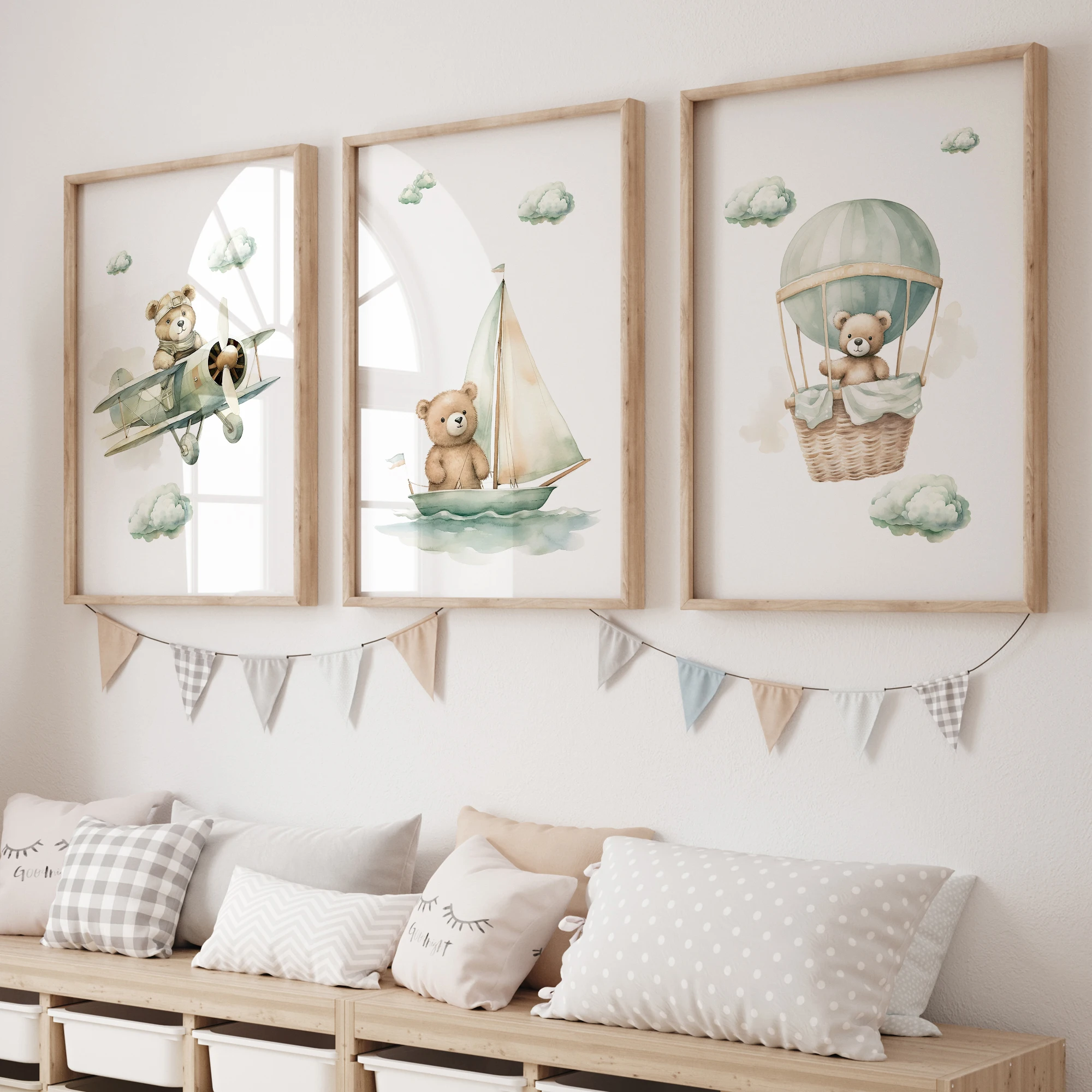 Bear Flight Series 3 Stück Wandkunstdrucke, Leinwandgemälde, Poster, Bild für Wohnzimmer, Schlafzimmer, Kinder, Spielzimmer, Heimdekoration