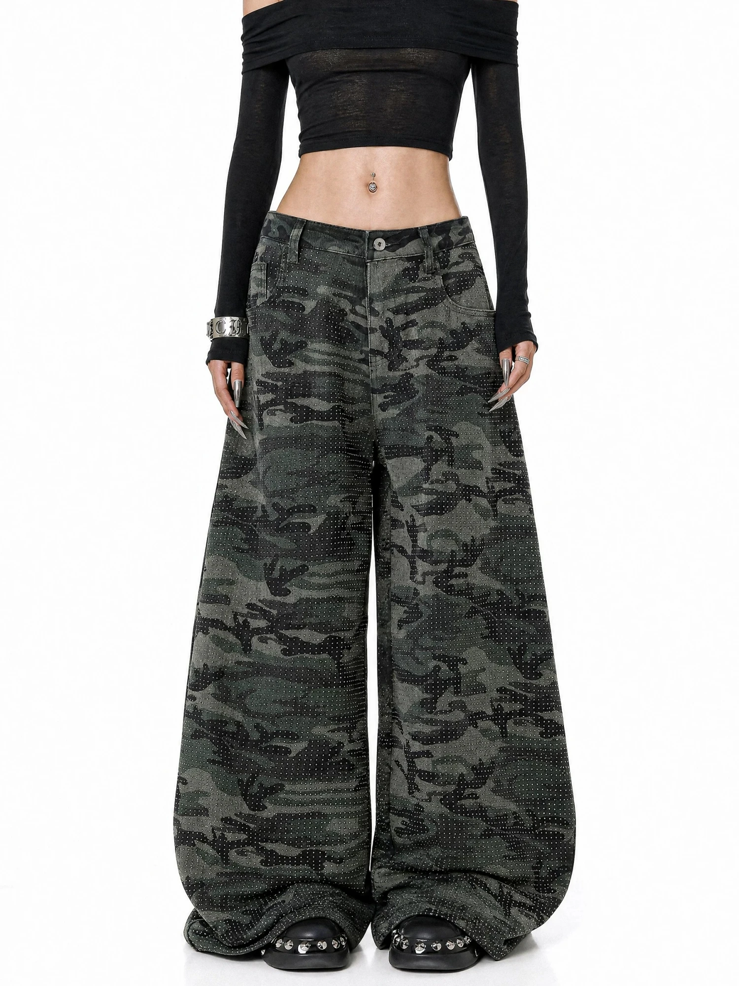 American Retro Camouflage Wide Leg Denim Jeans Men Women Multi Pocket Workwear Loose Casual Match All Street Micro Flare
