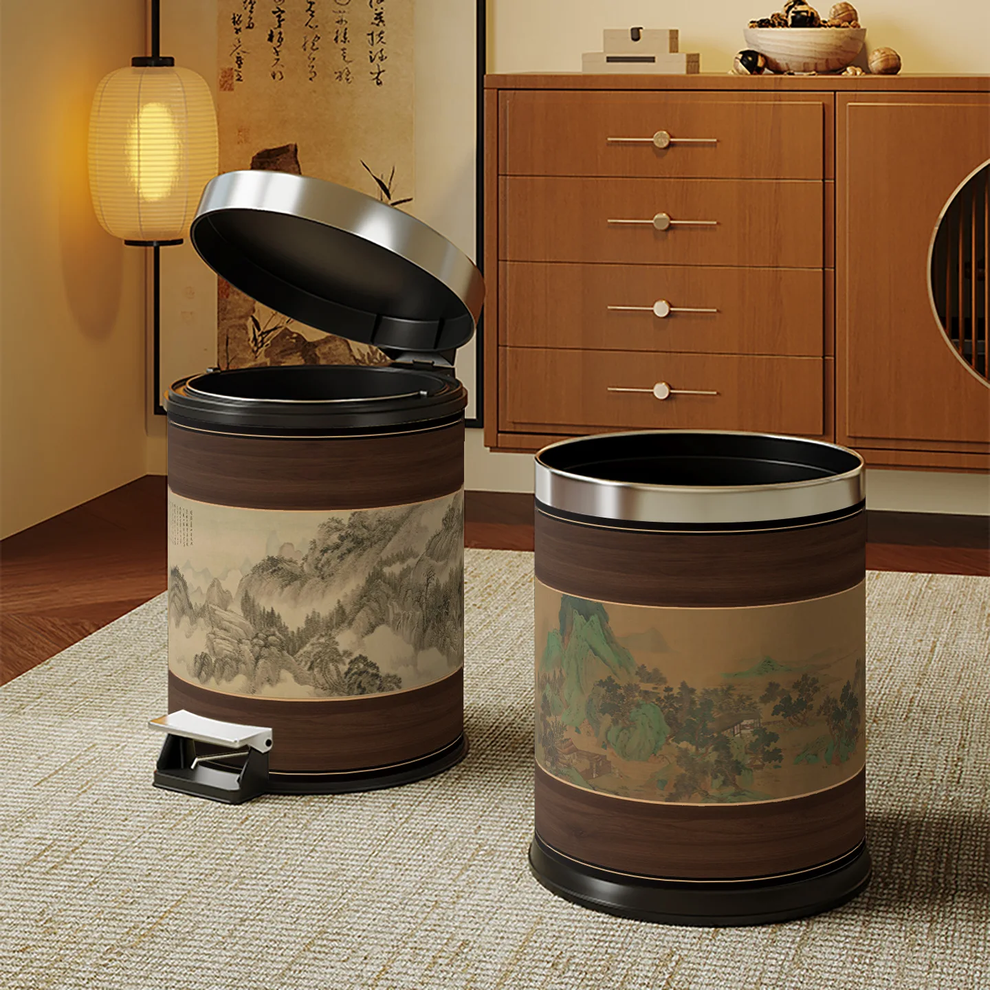 

YFY New Chinese Song Dynasty Aesthetic Leather Trash Can Household Living Room Kitchen Commercial Bathroom Large Capacity Trash