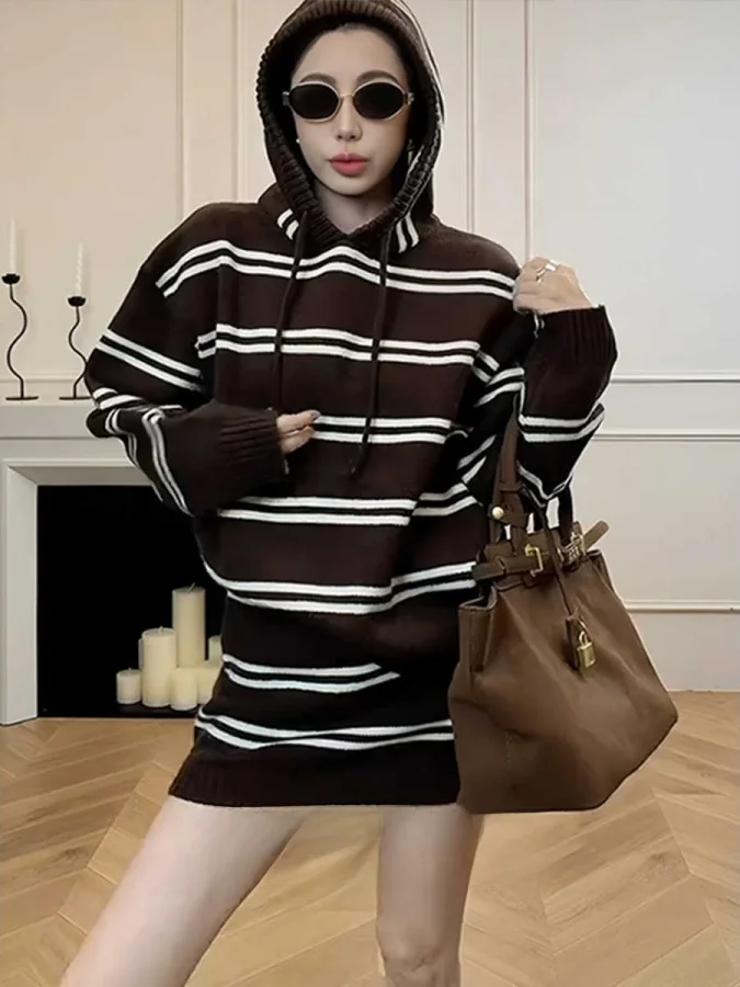 

plus Size Women's Spring Autumn Lazy Stripe Loose Hoodie Sweater High Waist Versatile Skirt Two Piece Set Casual Faion