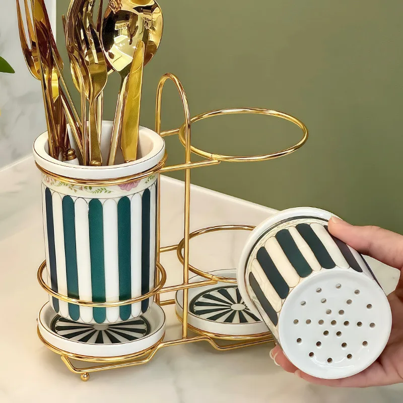 

Striped Ceramic Chopstick Holder, Household Multifunctional Drainage Chopstick Basket, Storage Rack, Kitchen Storage Tool