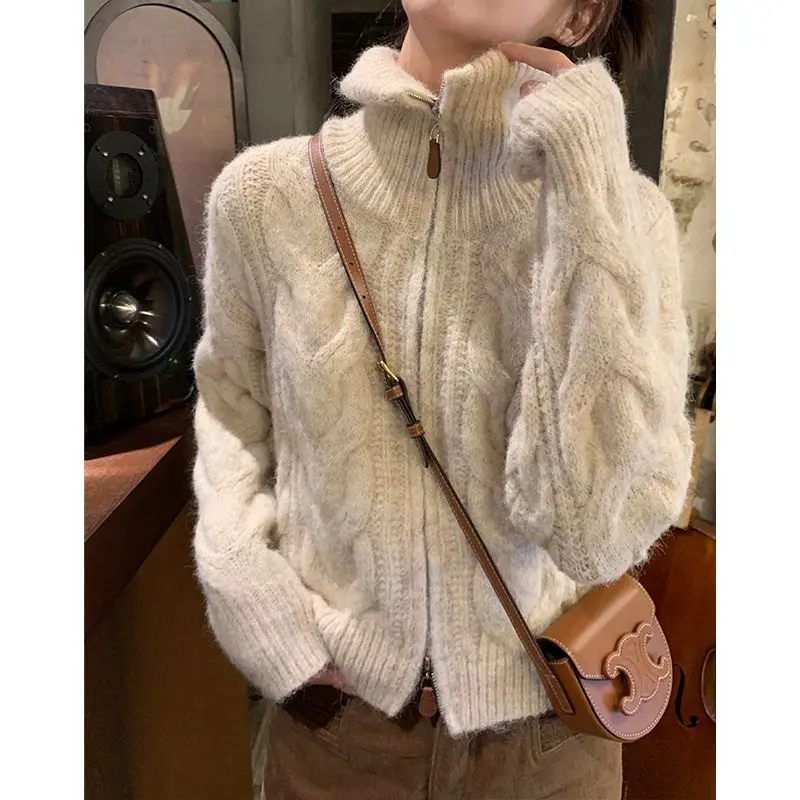 

Autumn Knitting Women's Cardigan Two-Way Zipper Stand-Up Collar Loose Sweater Thicken Loose Casual Korean Style Trend Outerwear