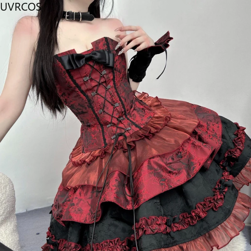 Victorian Gothic Lolita Dress Women Harajuku Y2k Lace Bow Evening Party Dresses Japanese Punk Style Slim Bandage Princess Dress